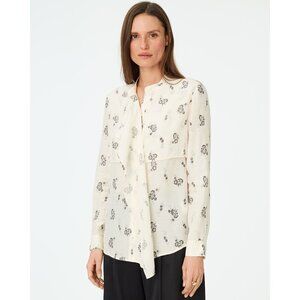 Club Monaco Ferttee Shirt Floral Print Blouse Ruffle Button Details White Size L
